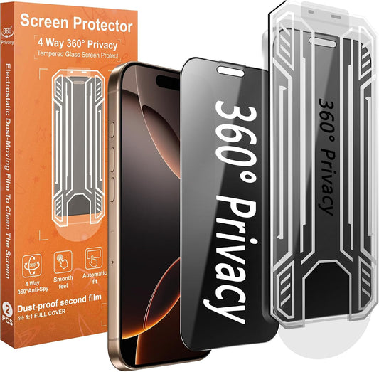 360° 4 Way Privacy Screen Protector for iPhone 16 Pro Max [2 Pack], Anti-Spy Tempered Glass, 9H Hardness Shatterproof, 3D Curved Edges, Case-Friendly, Bubble-Free Easy Installation