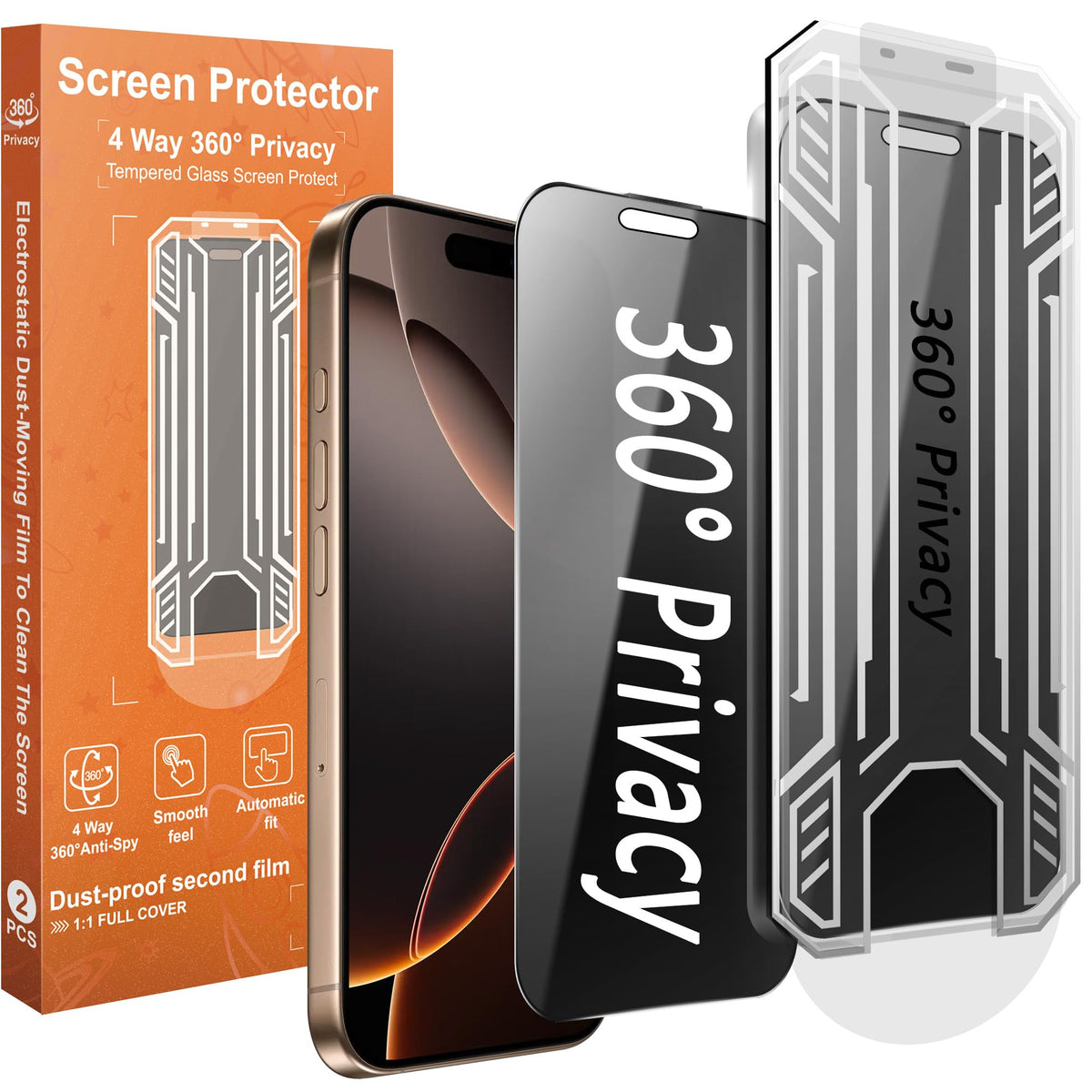 360° 4 Way Privacy Screen Protector for iPhone 17 / iPhone 16 Pro [2 Pack], Anti-Spy Tempered Glass, 9H Hardness Shatterproof, 3D Curved Edges, Case-Friendly, Bubble-Free Easy Installation