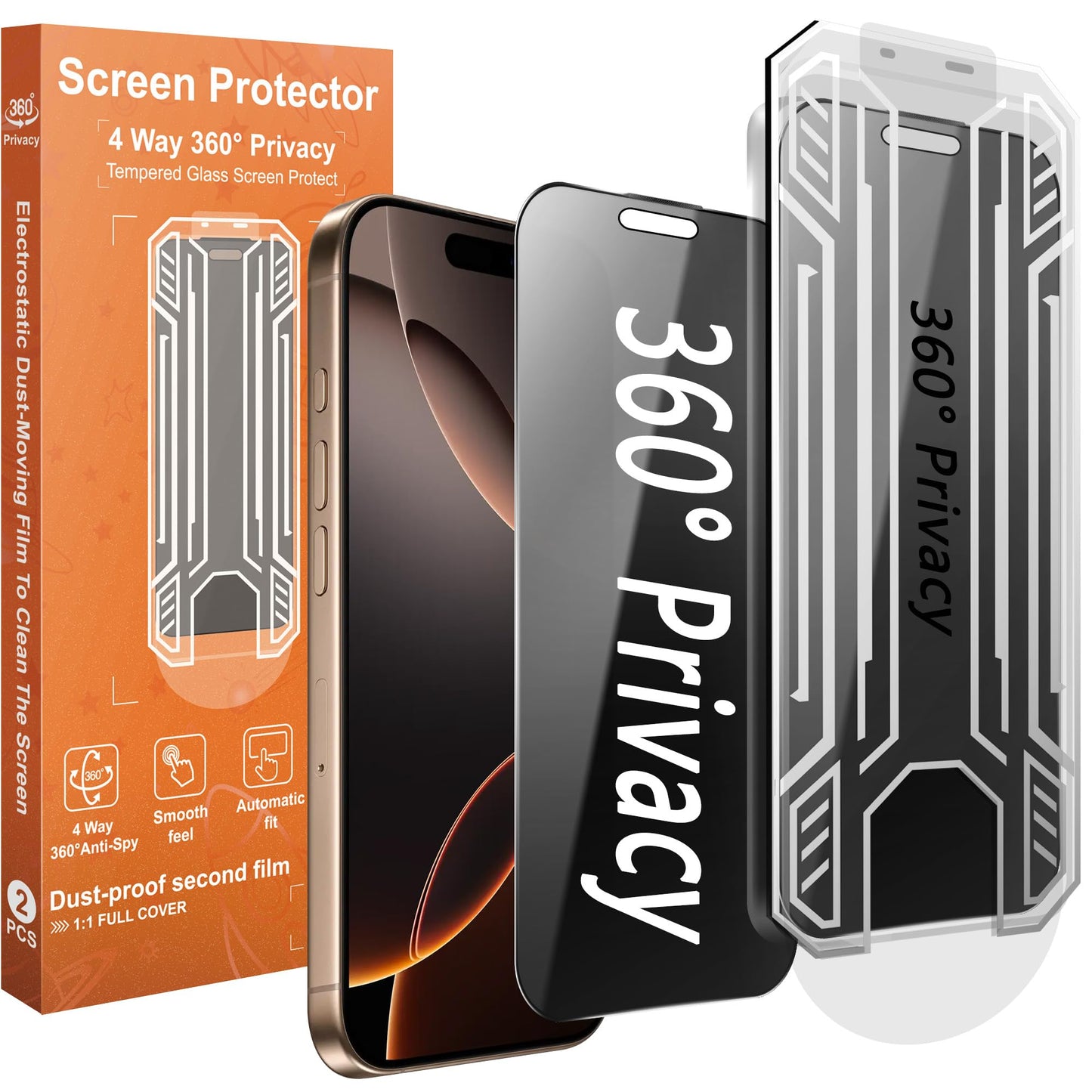 360° 4 Way Privacy Screen Protector for iPhone 16 Pro Max [2 Pack], Anti-Spy Tempered Glass, 9H Hardness Shatterproof, 3D Curved Edges, Case-Friendly, Bubble-Free Easy Installation