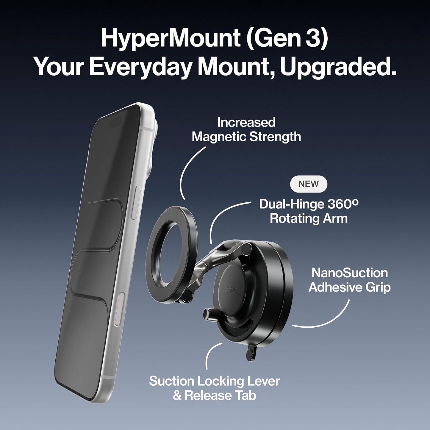 Statik HyperMount (Gen 3) Magnetic Phone Holder, for iPhone and Android | Upgraded Magnet Strength, Nano-suction Adhesive Gel, 360° Rotation, Compatible with MagSafe, Metal Rings for Android