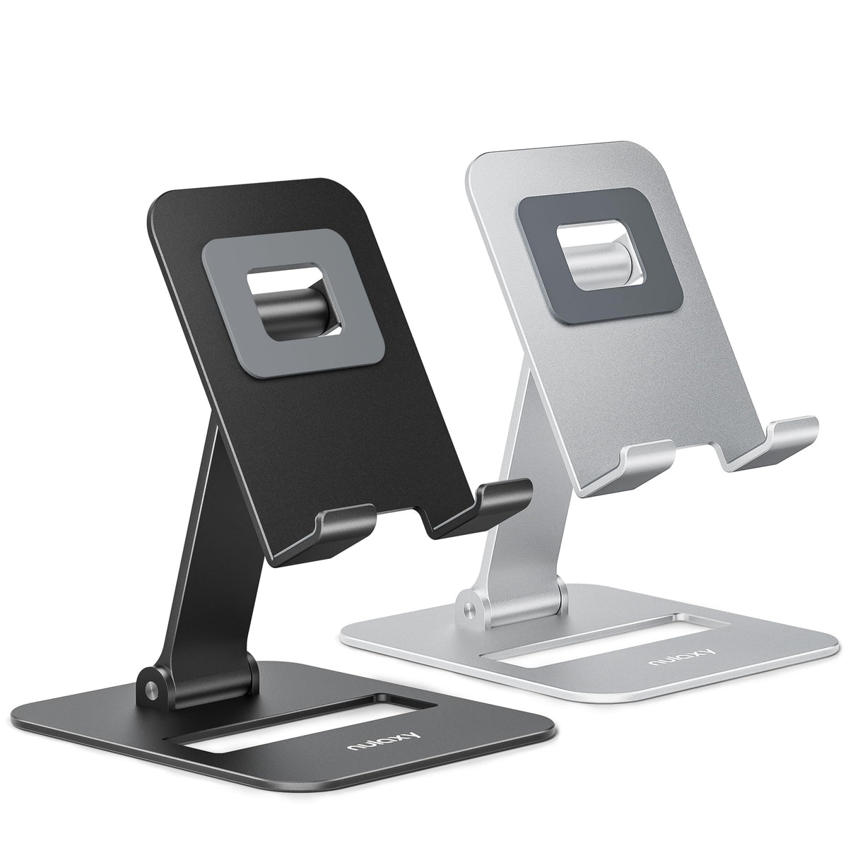 Nulaxy 2 Pcs Aluminum Dual Folding Cell Phone Stand for Desk Black&Rosegold | Height Angle Adjustable, Portable, Anti-Slip Base Phone Holder Fits 16mm Thick Case 4-8" Smartphone Desk Essential Accessory