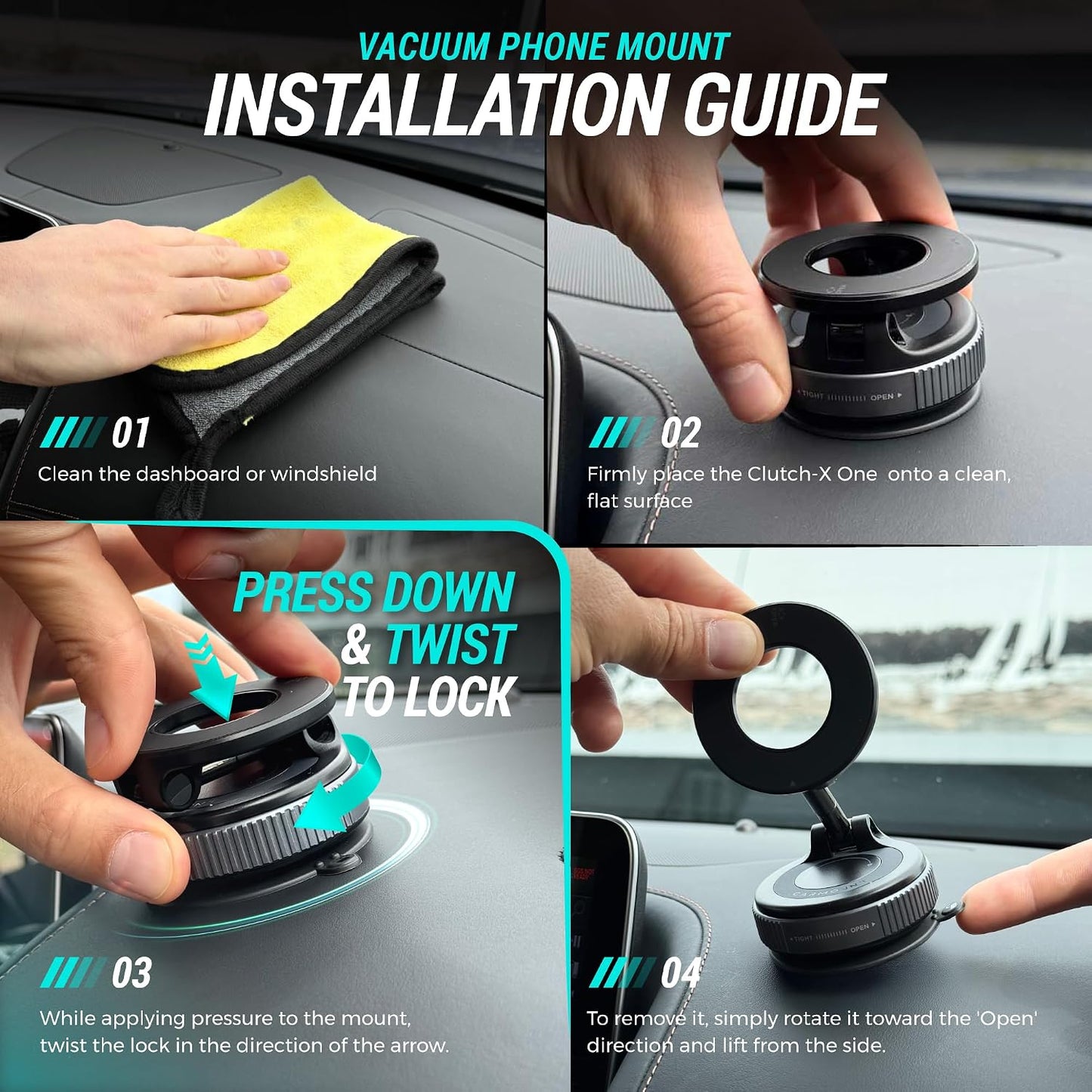 Clutch-X™ Black – Vacuum Phone Mount Suction Cup Car Phone Holder for iPhone, Window Phone Mount for Travel, 360° Vacuum Magnetic Phone Holder for Car, Magnetic Phone Holder with Suction Cup