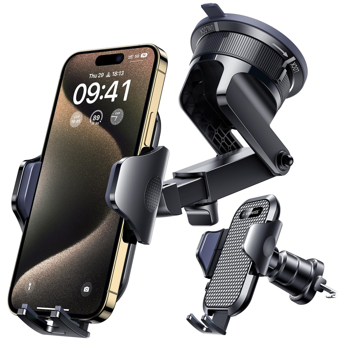 [True Military-Grade] Car Phone Holder VANMASS [Upgraded Strongest Suction&Clip] Cell Phone Mount for Dashboard Windshield Vent Kit, Truck Cradle Stand for iPhone 17 Pro Max 16 15 14 Android,Ink Black