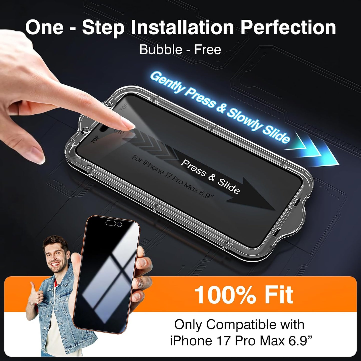EZ-GLAZ-4+2 Pack for iPhone 17 Pro Max Privacy Screen Protector (6.9") | 2-Pack Lens Protectors, Alignment Kit, Easy Installation, 9H+ Tempered Glass, Scratch Resistant, 28° Privacy Protection