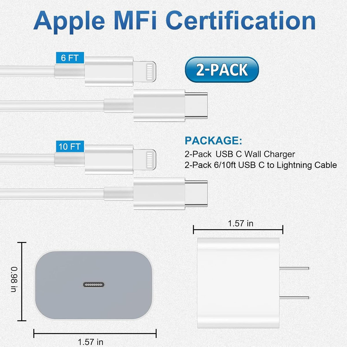 iPhone Charger Fast Charging, USB C Charger Block, 6FT/10FT Lightning Cable | For Apple iPhone 14/13/12/11 Series, 2-Pack 6FT/10FT Long USB C to Lightning Cables, AirPods with Lightning Charging Case