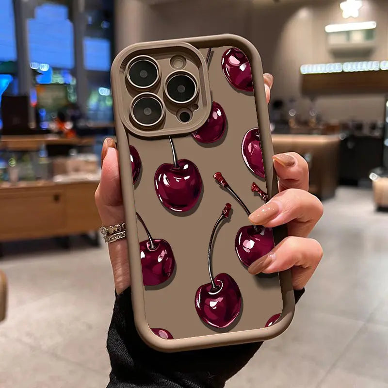 Sexy Wine Cherry Pattern Phone Case , Soft Silicone Tpu Protection and Shockproof For iPhone 17 16 15 Pro Max 14 16Pro 13 12 11 X Plus Air Mini 17E Girl
