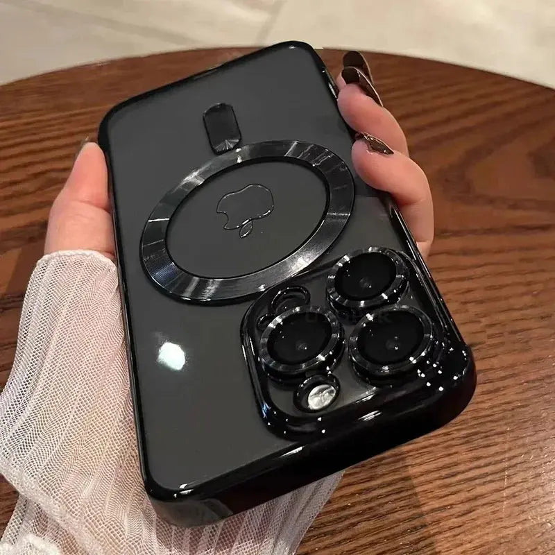 Plating Soft TPU Full Lens Protect Case for iPhone 17Air 17 16 15 14 13 12 11 Pro Max Plus Magsafe Compatible Clear Cover Shockproof Cellphone Protector Black