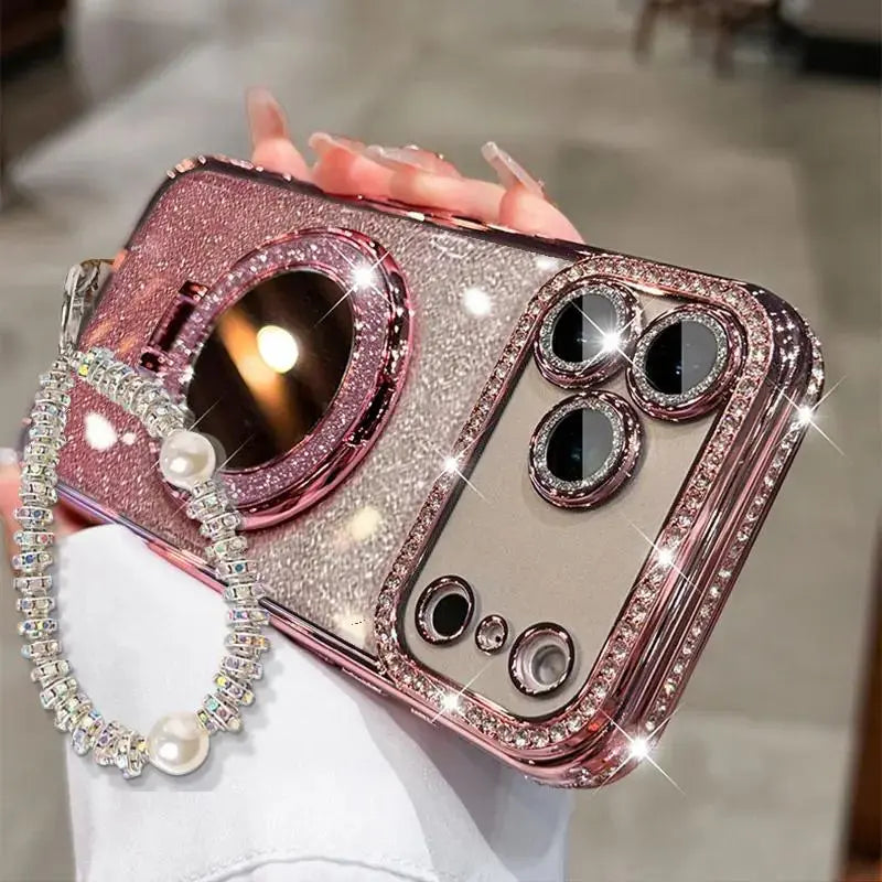 Women's Phone Case with Mirror & Stand for iPhone 12/13/14/15/16/17 Pro Max,17Air,14/15/16 Plus. Features a shiny frame and full-body drop-resistant design.
