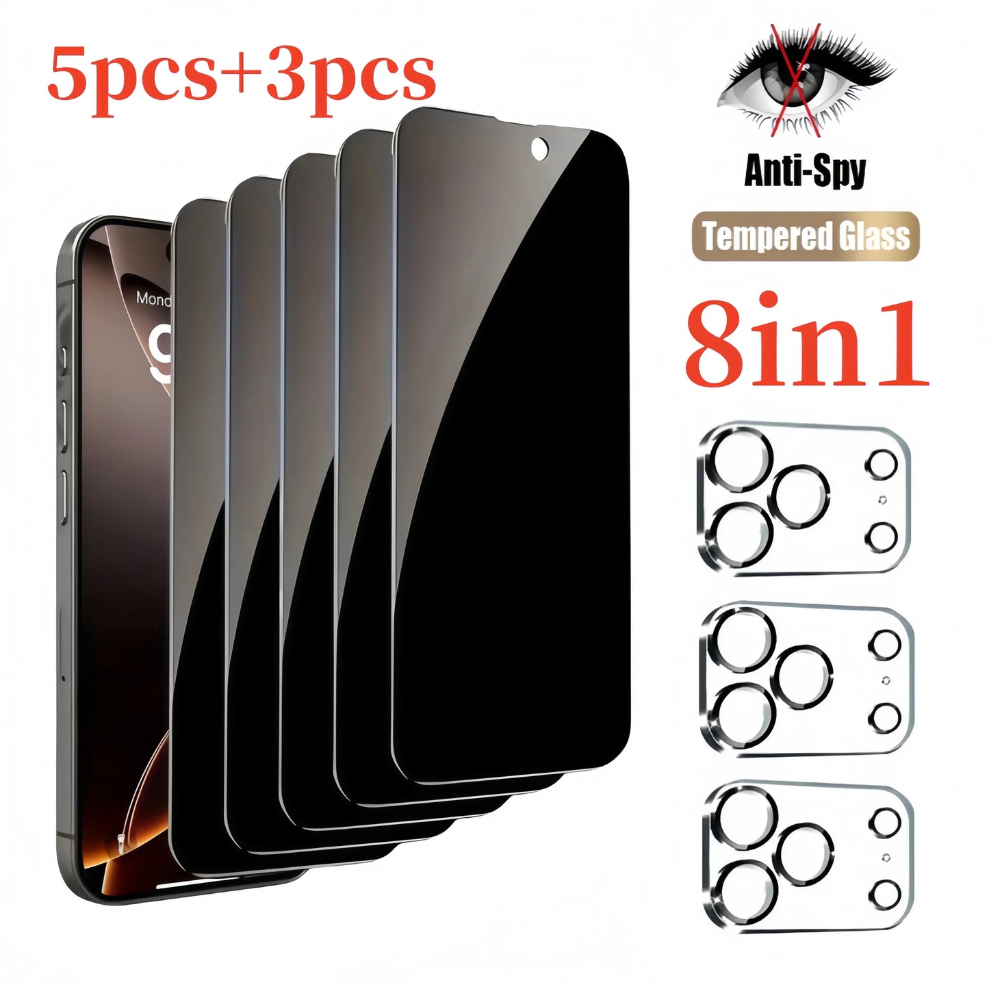 [8in1] 5-Piece Privacy Screen Protector for iPhone 17 Pro Max 16 15 14 13 Pro Max Plus 16E 17 Air with 3-piece Camera Lens Protector Set Anti Spy Tempered Glass Film 9H Hardness Case Friendly Cover