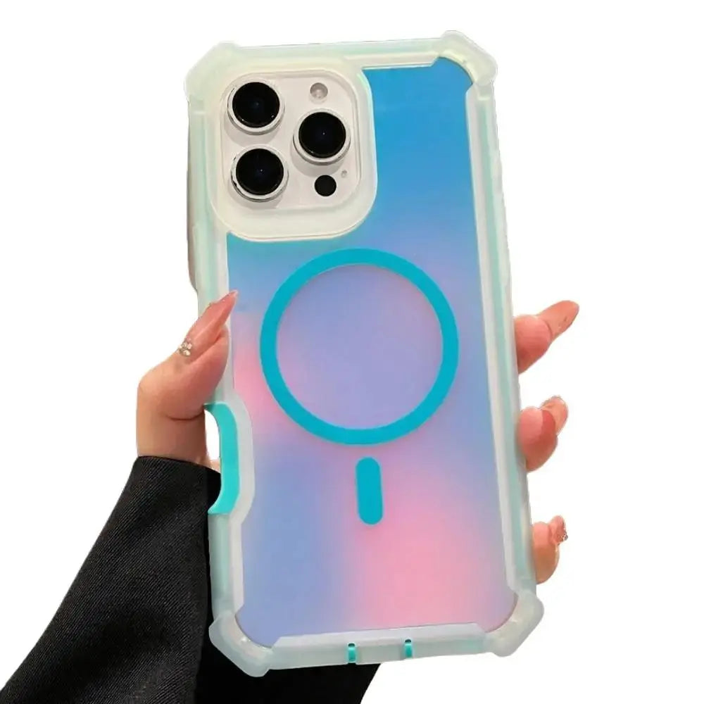 Luxury For Magsafe Laser Dazzling Armor Phone Case For iPhone 17 16 15 14 13 Pro Max Wireless Charging Dual Layer Protection Cover Smartphone Cellphone