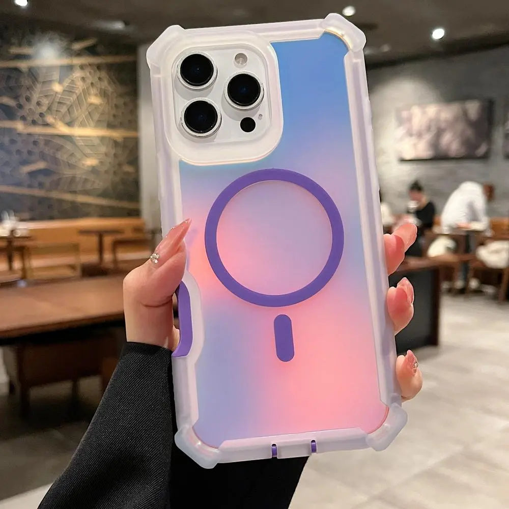 Luxury For Magsafe Laser Dazzling Armor Phone Case For iPhone 17 16 15 14 13 Pro Max Wireless Charging Dual Layer Protection Cover Smartphone Cellphone