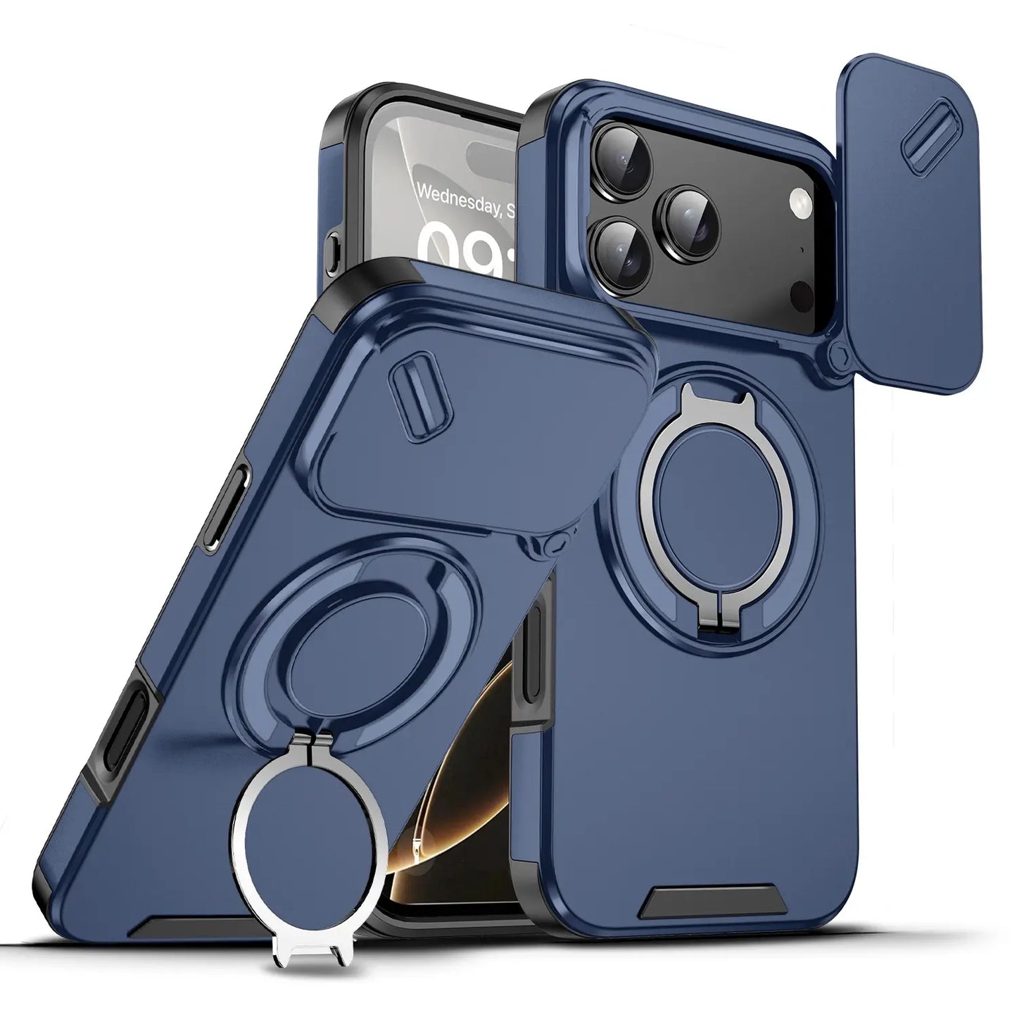 Magnetic Phone Case, Military-Grade Protective Cover with Sliding Camera Lens Protector, Compatible with iPhone 17/16/15/14/13/12Pro Max, 360° Rotatable Stand, PC+TPU Material