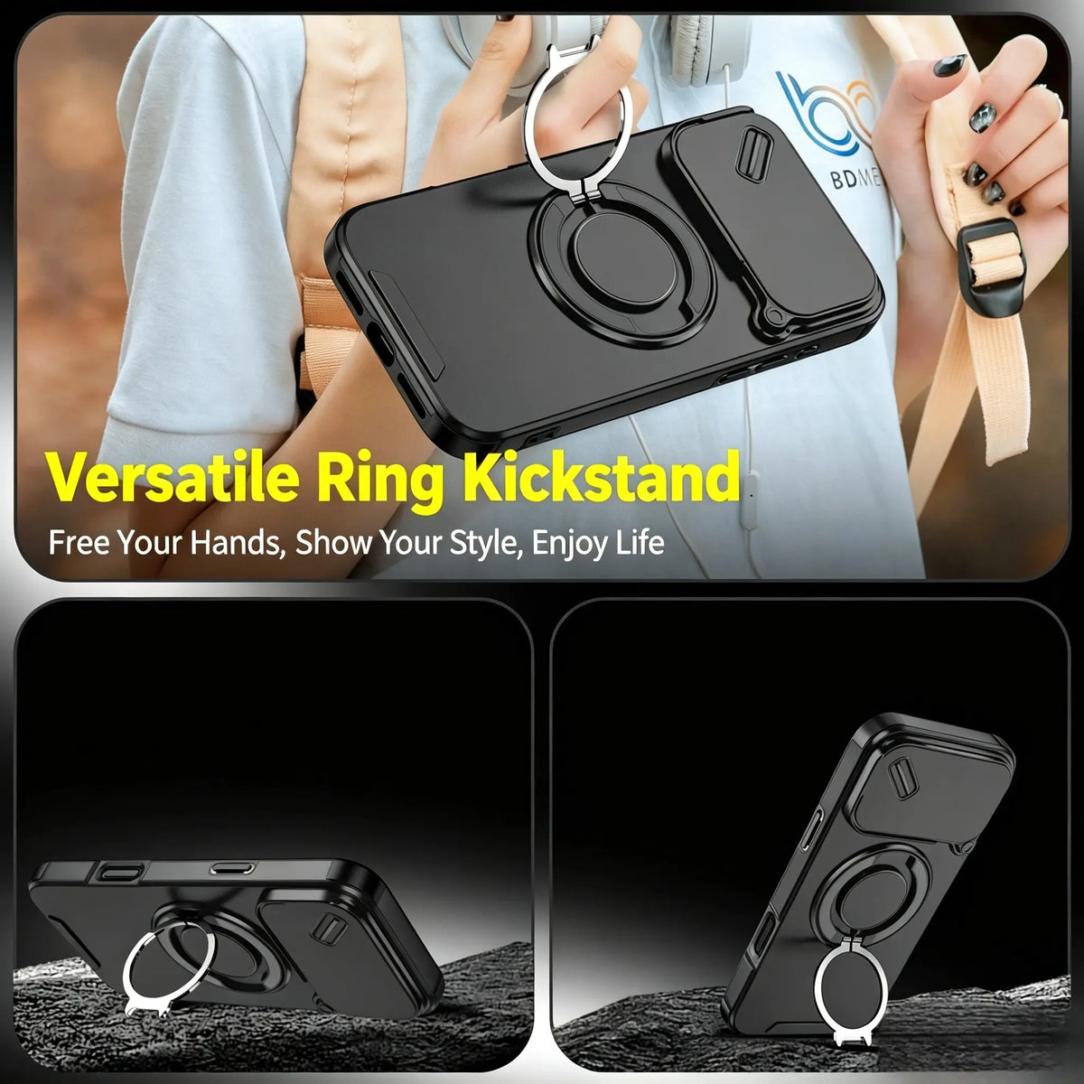 Magnetic Phone Case, Military-Grade Protective Cover with Sliding Camera Lens Protector, Compatible with iPhone 17/16/15/14/13/12Pro Max, 360° Rotatable Stand, PC+TPU Material