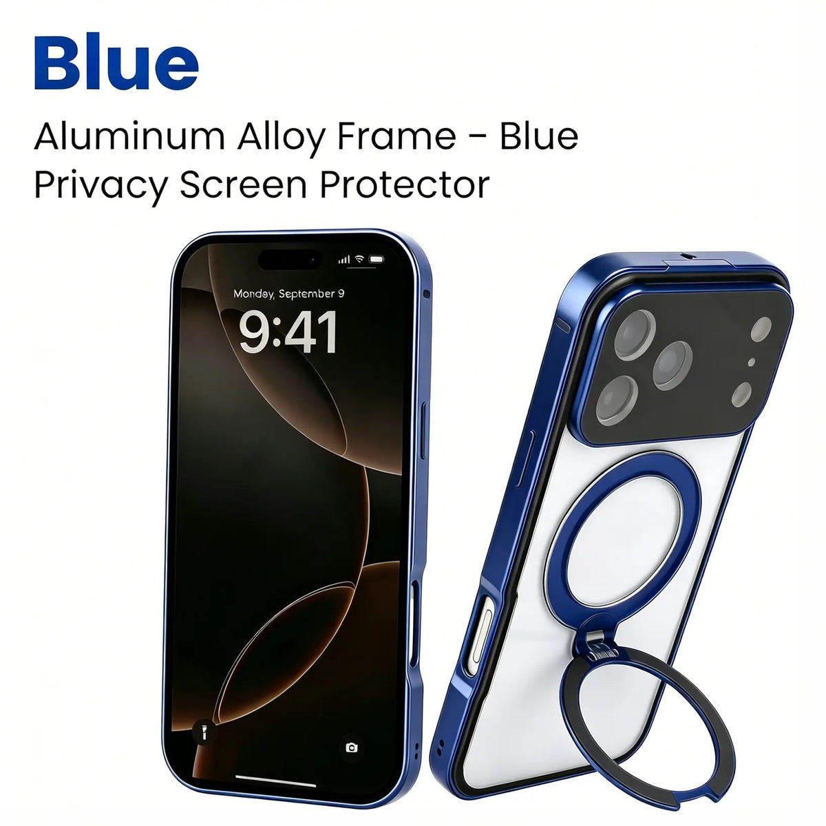 6-in-1 Tempered Privacy Screen Protector Aluminum Frame Casing for iPhone 15/16/17 Pro Max, Full Body Shockproof Protection Phone Accessories, Adjustable 360° Rotatable Kickstand, MagSafe Compatible, Wireless Charging, Ideal for Office, Travel