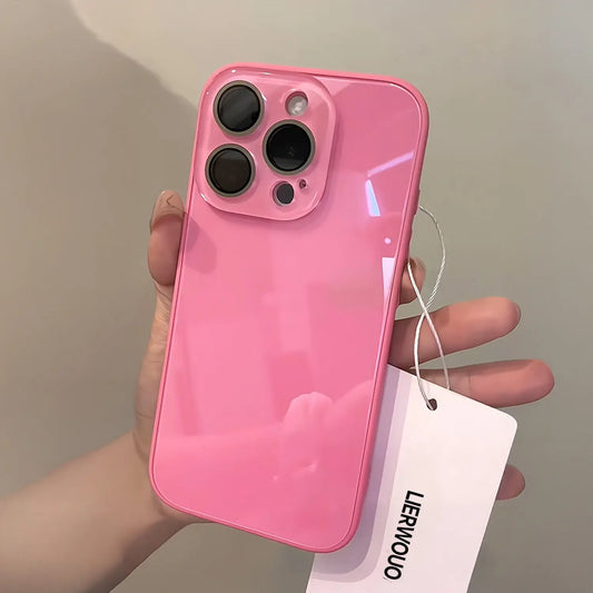 Cute Bright Pink Glossy Phone Case, Skin-Feel Soft TPU Bumper & Hard PC Back, Full Lens Protection, Minimalist Pink & White, Compatible with iPhone 17/16/15/14/13/12/11 Pro Max Plus Air 17E 16E MINI