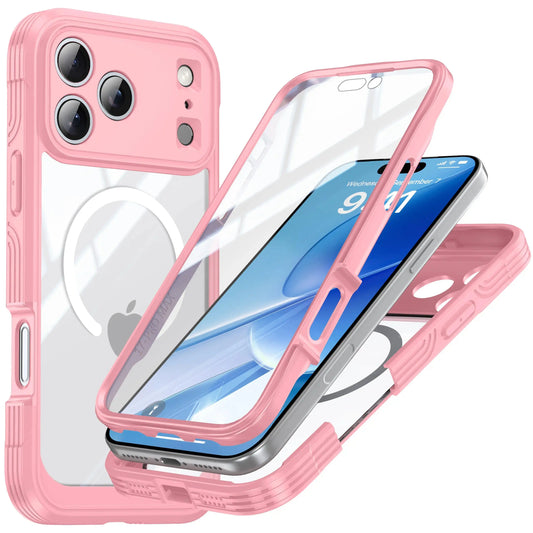 StarTU 360° Full Body Rugged Clear Case for iPhone 17 Pro Max / 16 / 15 – MagSafe Compatible Military Shockproof Cover, Built-in Screen Protector & Camera Lens Protection, Transparent TPU Bumper Case