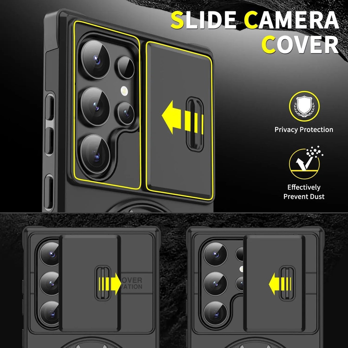 Samsung Galaxy S25/S24/S23/S22/S21 Ultra/Plus Magnetic Case with Sliding Camera Cover, 360° Rotating Ring Stand Holder, Shockproof Protective Phone Cover, Drop Resistant