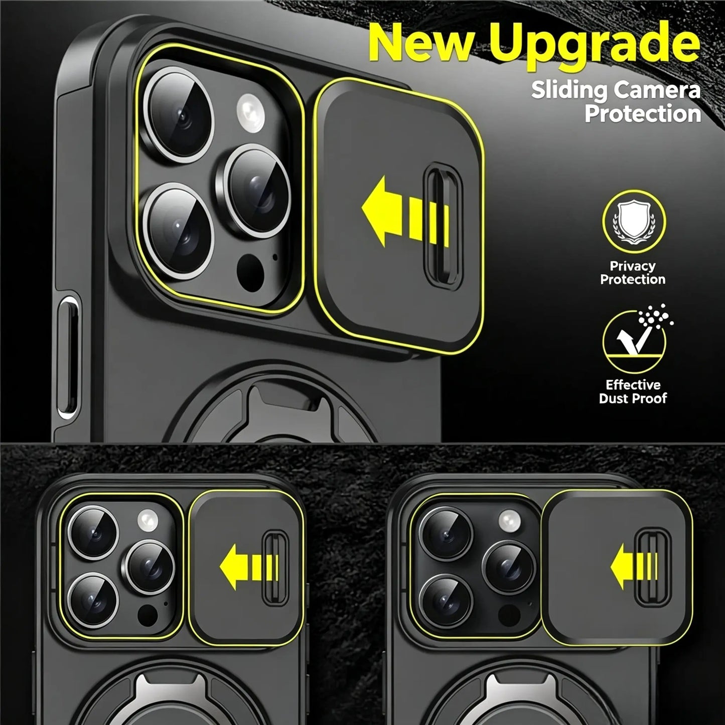 Magnetic Phone Case, Military-Grade Protective Cover with Sliding Camera Lens Protector, Compatible with iPhone 17/16/15/14/13/12Pro Max, 360° Rotatable Stand, PC+TPU Material
