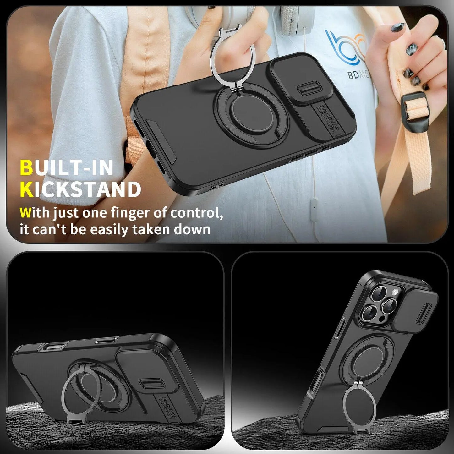 Case with Slide Camera Cover for iPhone 17 Air 17 Pro Max 16 15 14 13 12 Pro Max, Rotated Ring Kickstand Military Grade Shockproof Protective Cover Rugged Heavy Duty for Men Women