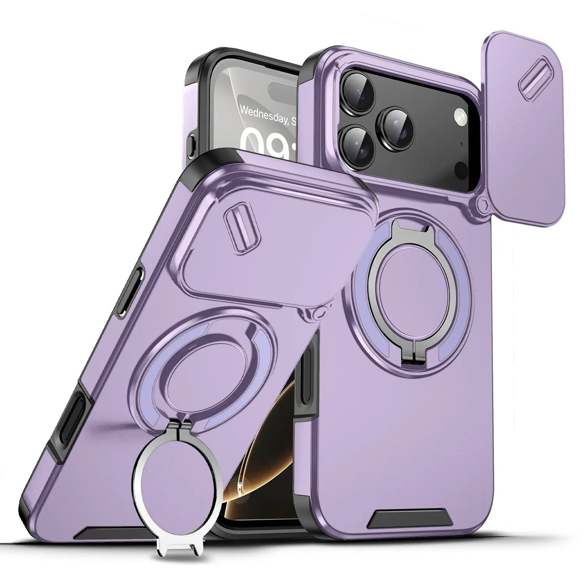 Magnetic Phone Case, Military-Grade Protective Cover with Sliding Camera Lens Protector, Compatible with iPhone 17/16/15/14/13/12Pro Max, 360° Rotatable Stand, PC+TPU Material