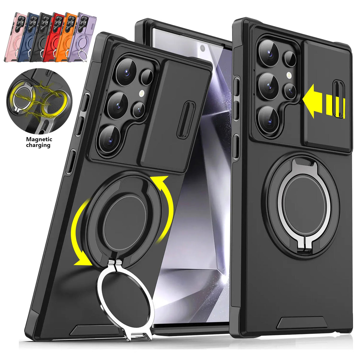 Samsung Galaxy S25/S24/S23/S22/S21 Ultra/Plus Magnetic Case with Sliding Camera Cover, 360° Rotating Ring Stand Holder, Shockproof Protective Phone Cover, Drop Resistant