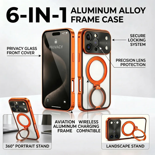 6-in-1 Tempered Privacy Screen Protector Aluminum Frame Casing for iPhone 15/16/17 Pro Max, Full Body Shockproof Protection Phone Accessories, Adjustable 360° Rotatable Kickstand, MagSafe Compatible, Wireless Charging, Ideal for Office, Travel
