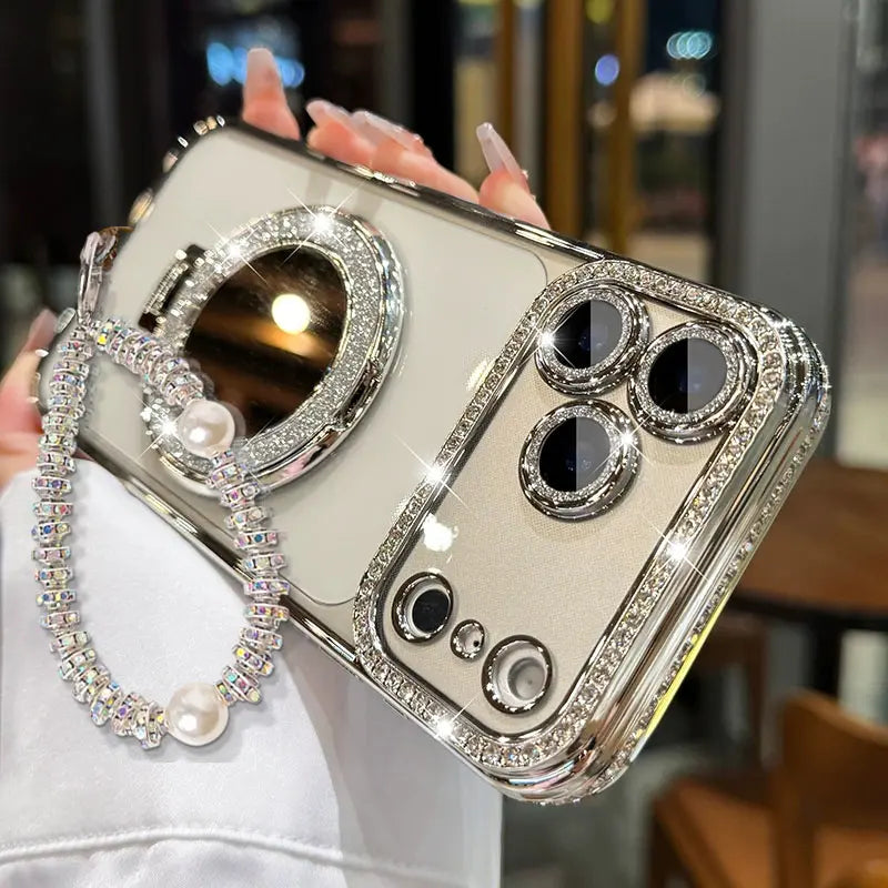 Women's Phone Case with Mirror & Stand for iPhone 12/13/14/15/16/17 Pro Max,17Air,14/15/16 Plus. Features a shiny frame, high-definition transparent material, and full-body drop-resistant design.