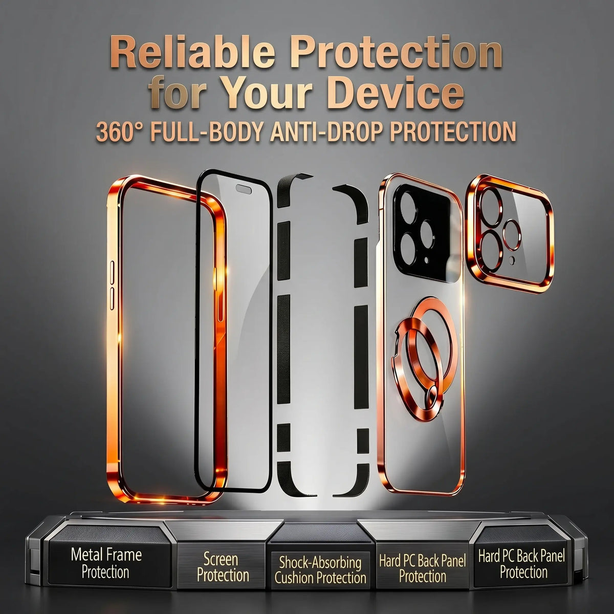 6-in-1 Tempered Privacy Screen Protector Aluminum Frame Casing for iPhone 15/16/17 Pro Max, Full Body Shockproof Protection Phone Accessories, Adjustable 360° Rotatable Kickstand, MagSafe Compatible, Wireless Charging, Ideal for Office, Travel