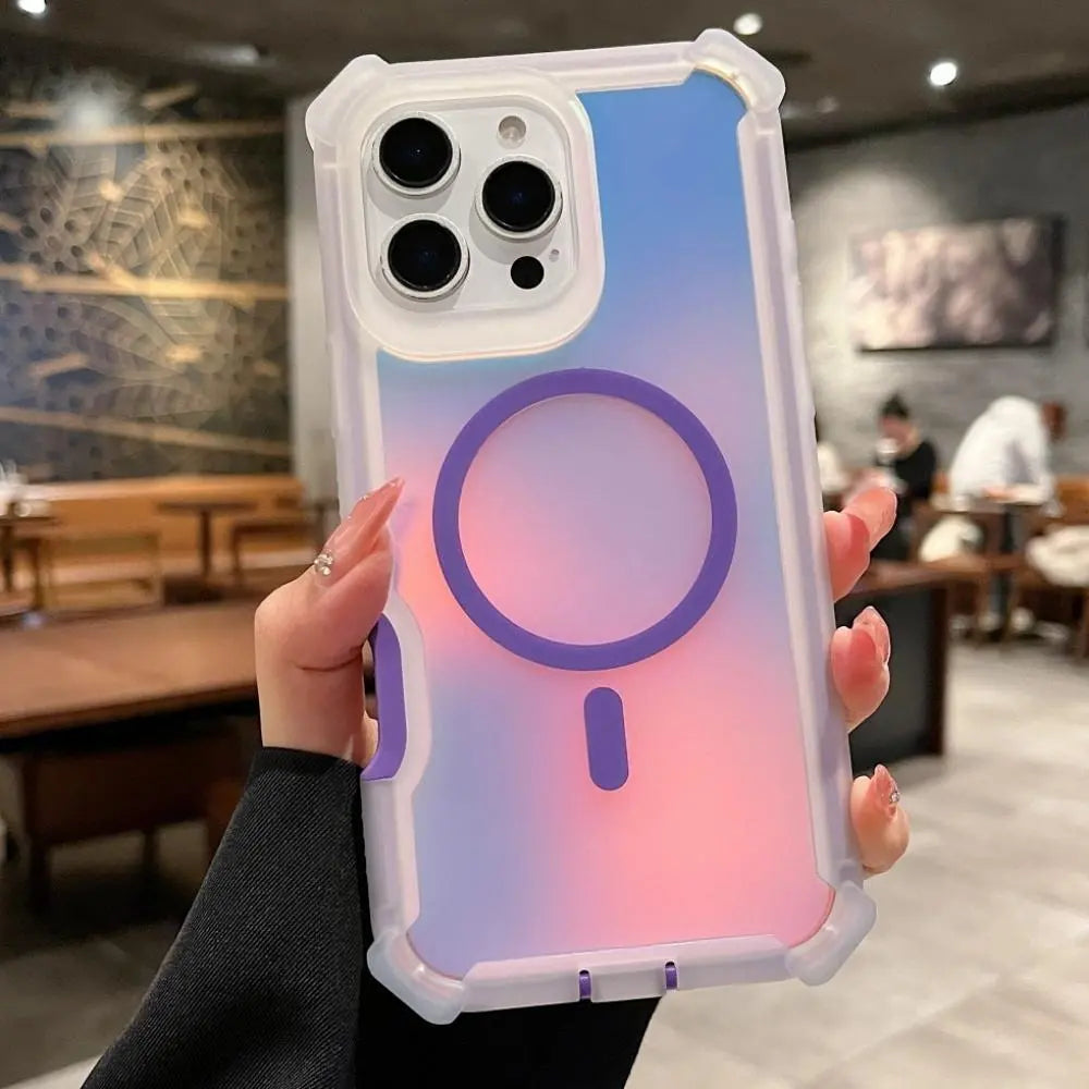 Luxury For Magsafe Laser Dazzling Armor Phone Case For iPhone 17 16 15 14 13 Pro Max Wireless Charging Dual Layer Protection Cover Smartphone Cellphone
