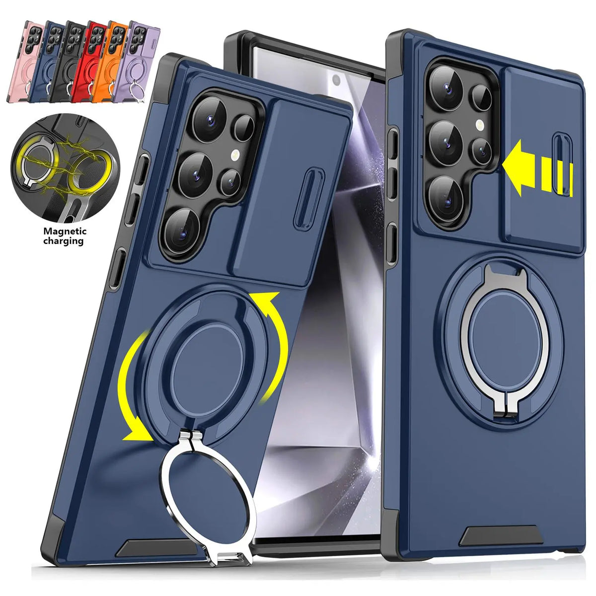 OREKROY Shockproof Magnetic Case with Slide Camera Lens Protector For Samsung Galaxy S26/S25/S24/S23/S22/S21 Ultra Plus Rotating Ring Holder