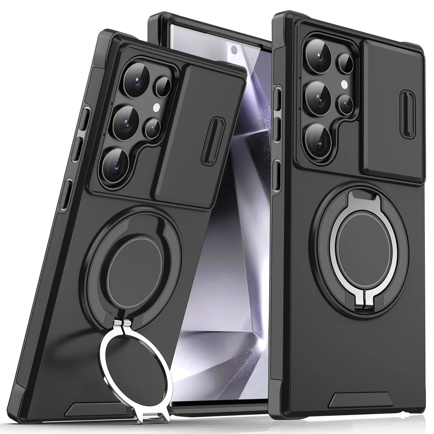 OREKROY Shockproof Magnetic Case with Slide Camera Lens Protector For Samsung Galaxy S26/S25/S24/S23/S22/S21 Ultra Plus Rotating Ring Holder