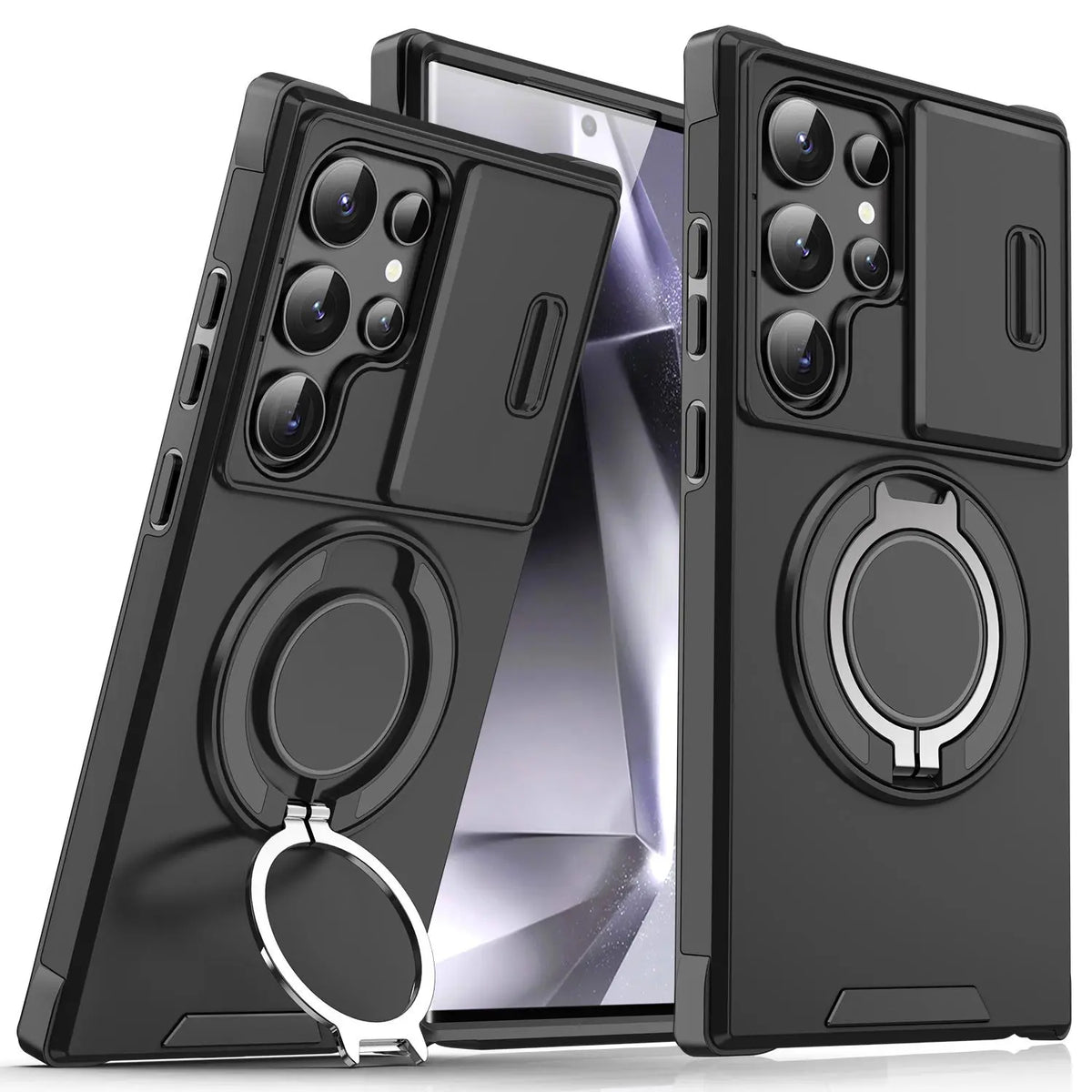 Samsung Galaxy S25/S24/S23/S22/S21 Ultra/Plus Magnetic Case with Sliding Camera Cover, 360° Rotating Ring Stand Holder, Shockproof Protective Phone Cover, Drop Resistant